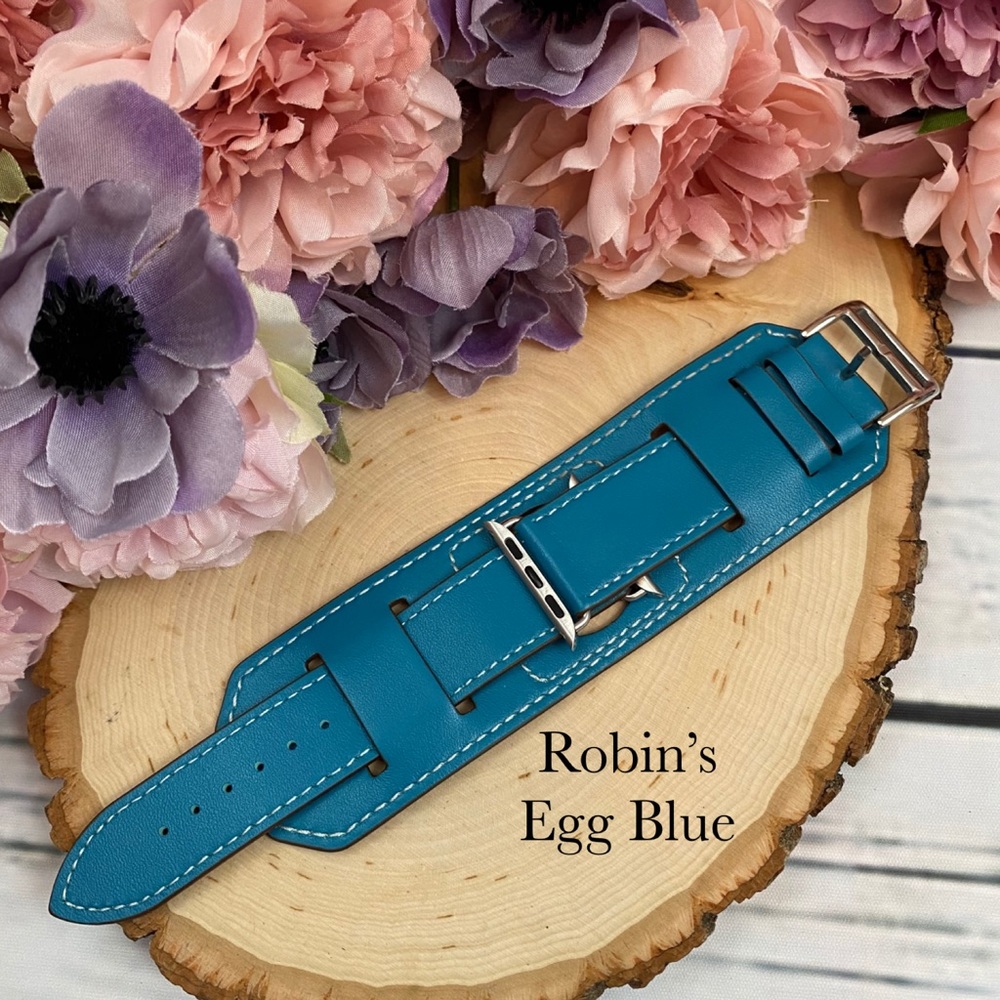 Vegan Leather Blue Double Cuff Watchband for Apple - Picture 6 of 14